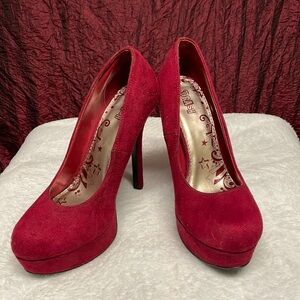 BRASH red suede stiletto heels